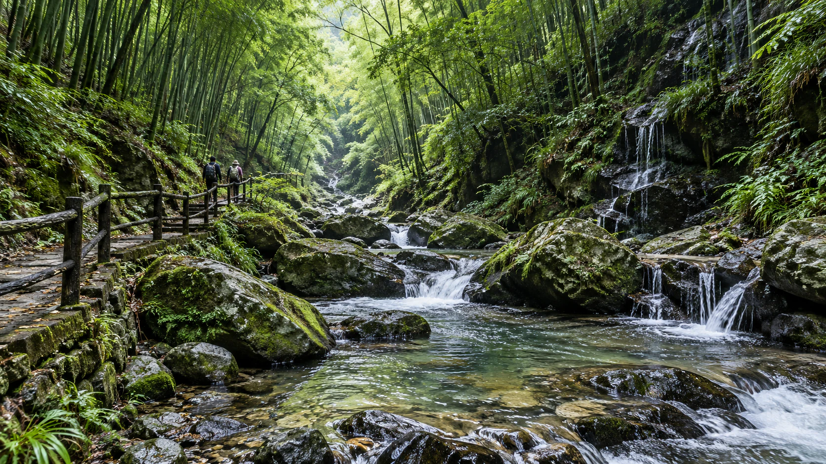 长谷洞天的竹林峡谷里，溪水绕过湿润岩石与沿溪步道