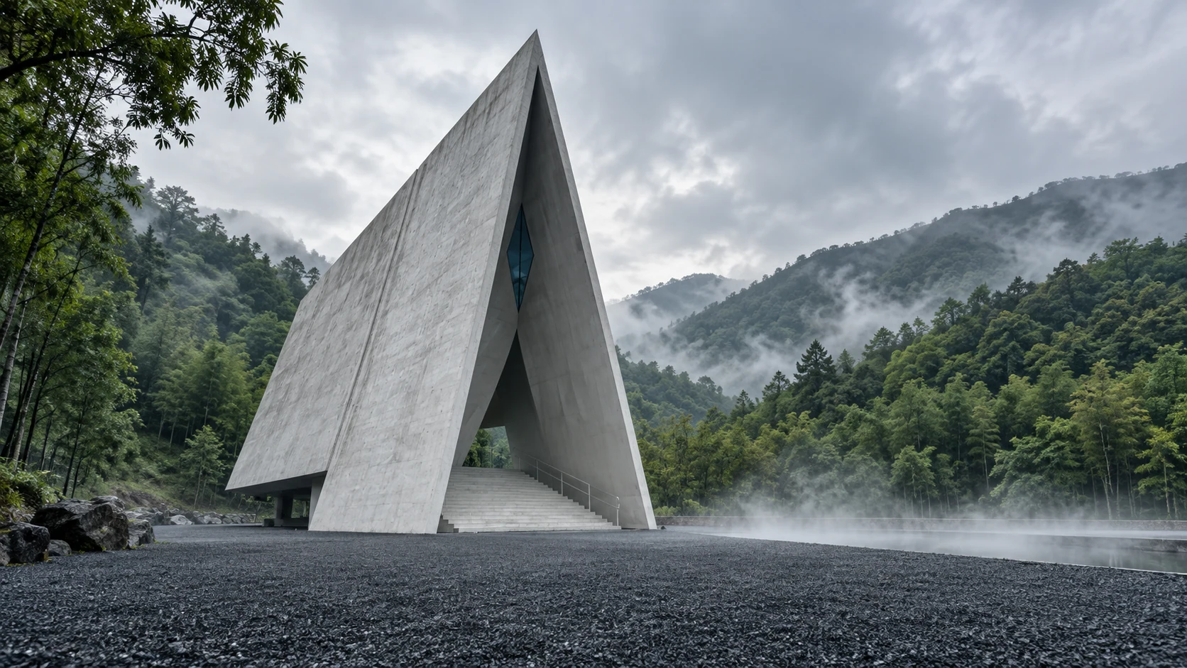 深蓝公园的尖顶清水混凝土建筑立在黑色碎石广场上
