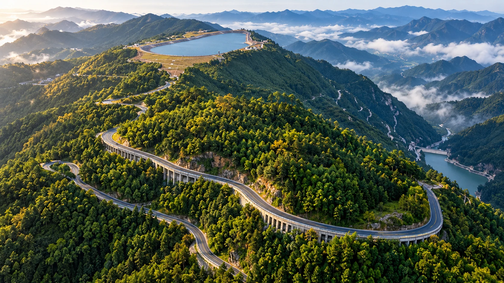 天荒坪盘山公路穿过竹山，山脊上可见江南天池